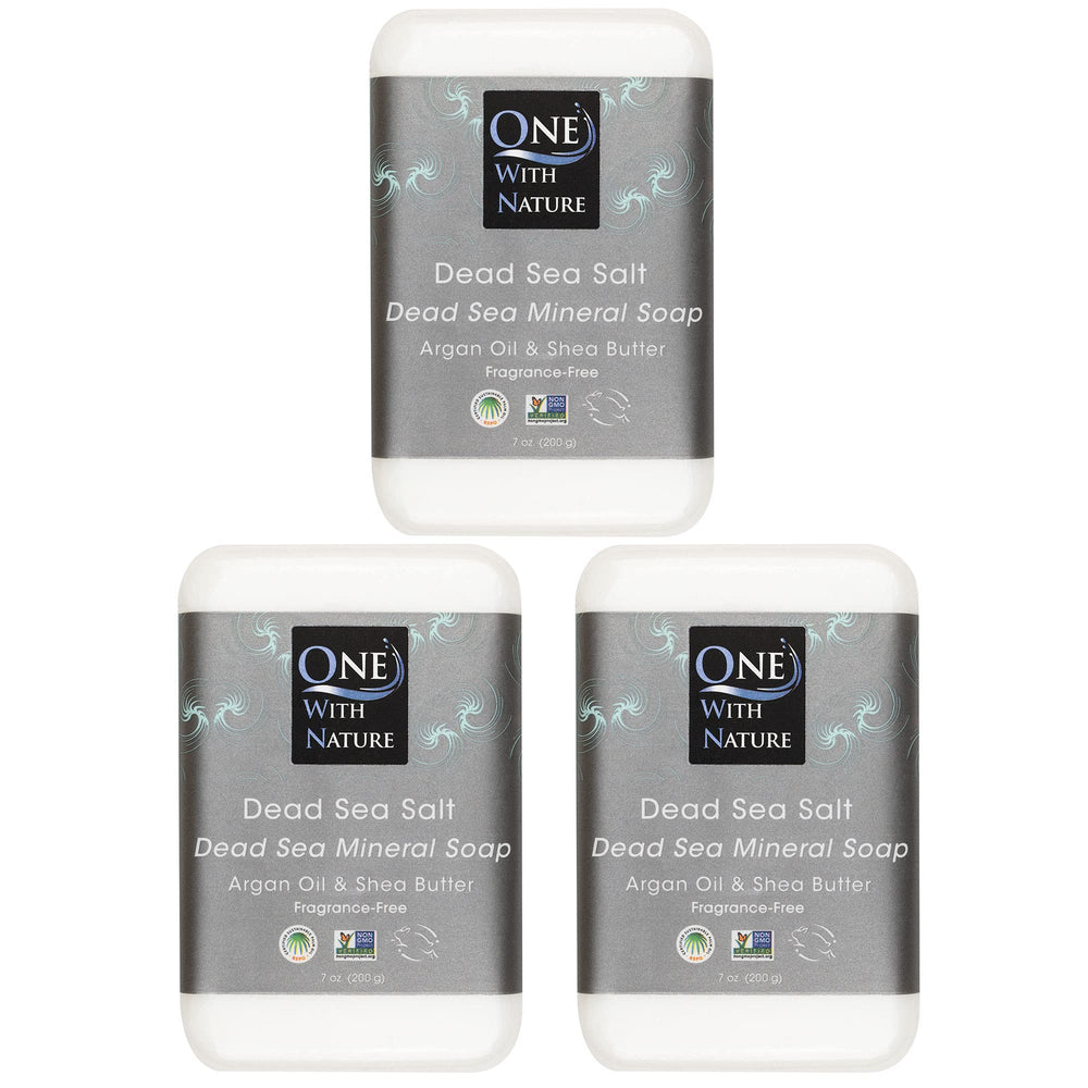 One With Nature Dead Sea Salt Soap 3-pack pack shot highlighting mineral-rich bars for purifying skin.
