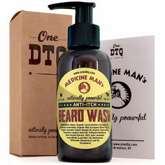 OneDTQ Medicine Man's Itchy Beard Wash bottle closeup shows a refreshing beard cleanse