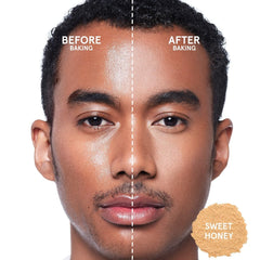 ONE/SIZE Patrick Starrr Setting powder swatch on medium-deep skin.