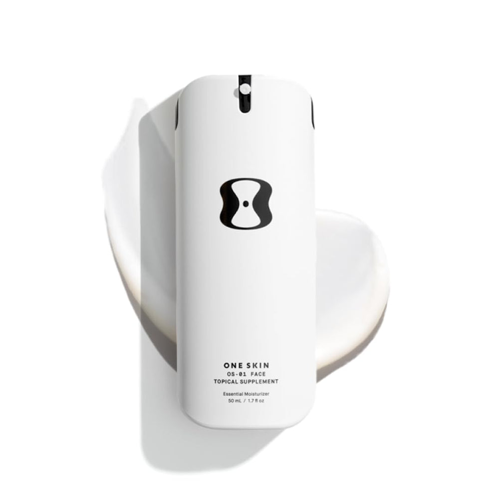 OneSkin OS-01 Face bottle close-up shows fragrance-free formula for sensitive skin and daily hydration.