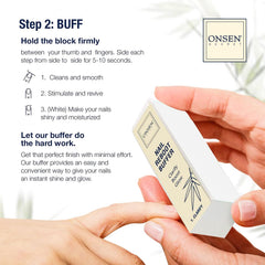Onsen Secret 3-way buffer block promoting shine while preserving nail thickness