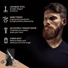 Ontaki beard shears showing rounded tips for safe moustache trimming.