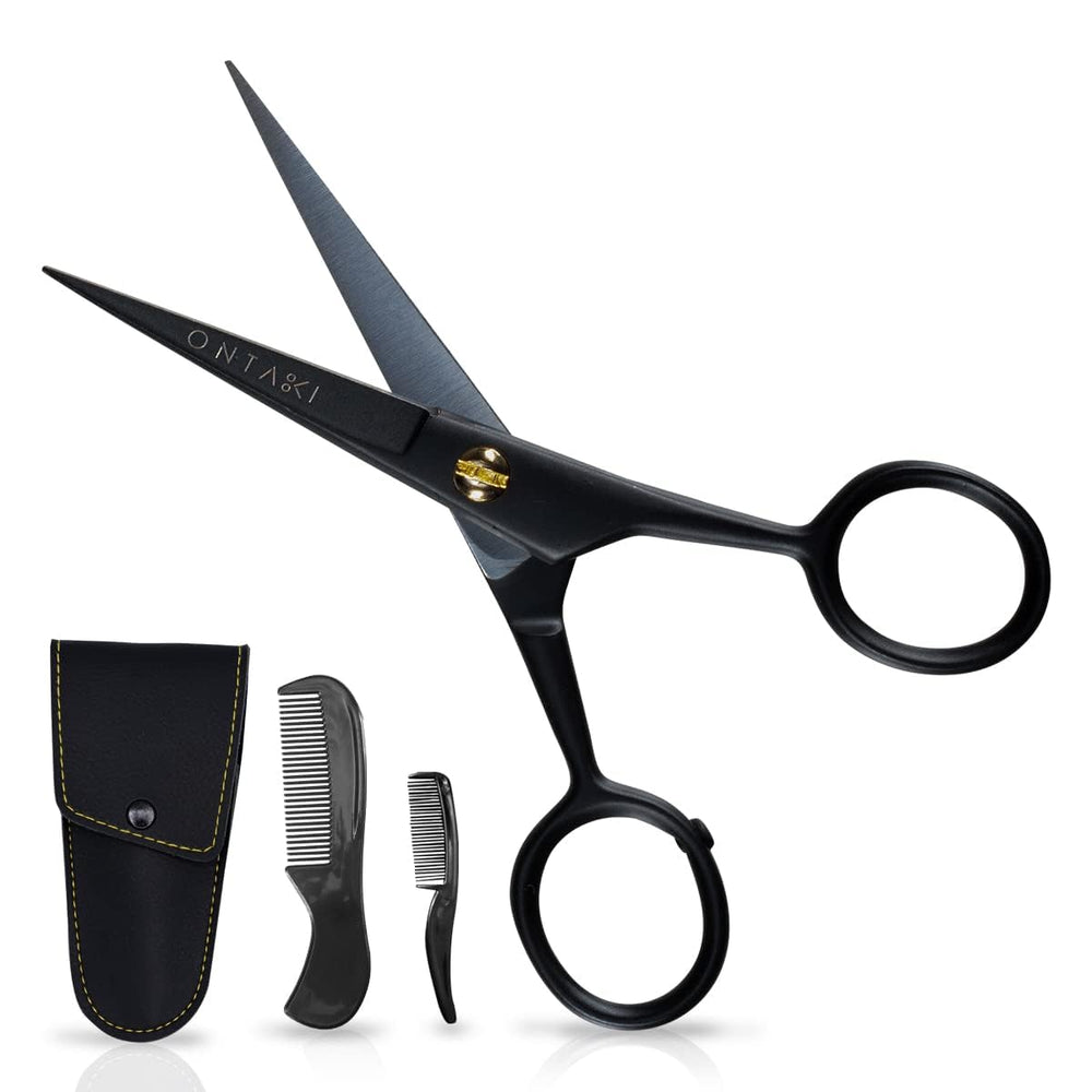 Ontaki mustache scissors 5-inch black bevel-edge close-up for precise trimming.