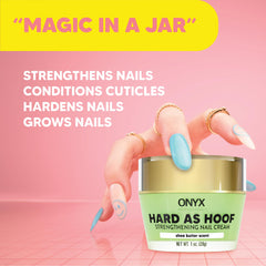 Onyx Professional Hard as Hoof ingredients closeup highlights calcium and jojoba for strengthening.
