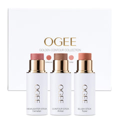 Ogee Face Stick Trio packaging front shows portable makeup for on-the-go glow.