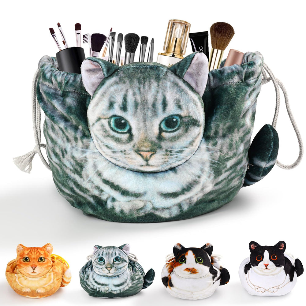 Openhahaha cat-shaped drawstring makeup bag gray tabby front view for easy access