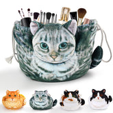 Openhahaha cat-shaped drawstring makeup bag gray tabby front view for easy access