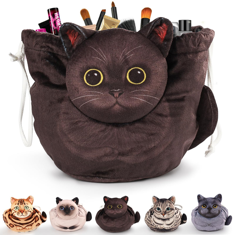 Openhahaha drawstring cat makeup bag front view keeps cosmetics organized on the dresser.