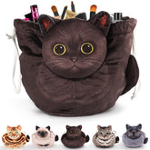 Openhahaha drawstring cat makeup bag front view keeps cosmetics organized on the dresser.