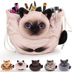 Openhahaha drawstring makeup bag cat head closeup showing playful design for organization