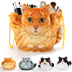 Openhahaha drawstring makeup bag with cat head design for organized cosmetics.