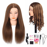 Opini mannequin head with real hair shows dense fullness for realistic styling practice.