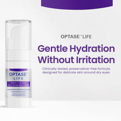 Optase LIFE Sensitive Eye Daily Renewal Cream creamy texture visible on skin for smooth under-eye appearance