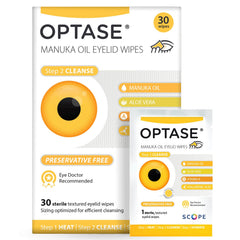 Optase Manuka Oil Eyelid Wipes pack closed for convenient daily eyelid hygiene.