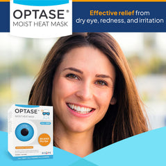 Optase Moist Heat Mask microwavable setup demonstrates quick warm relief for tired eyes.