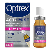 Optrex ActiMist bottle front showing compact design for on-the-go eye moisture support