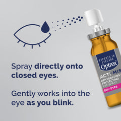 Optrex ActiMist spray nozzle in action for easy application without touching the eye