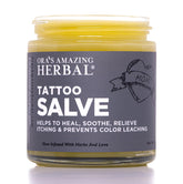 Ora's Amazing Herbal Tattoo Salve glass jar for premium tattoo aftercare and hydration.