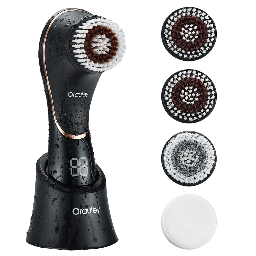 Orauley facial cleansing brush in black, front view, for gentle daily cleansing and pampering.