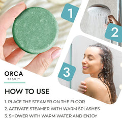 Orca Beauty lavender steamers close-up promotes calm moments during evening showers.