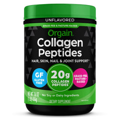Orgain front package showing clean unflavored collagen benefits
