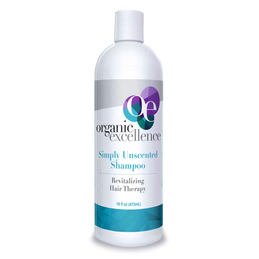 Organic Excellence Simply Unscented Shampoo bottle front, gentle color-safe cleansing for all hair types.