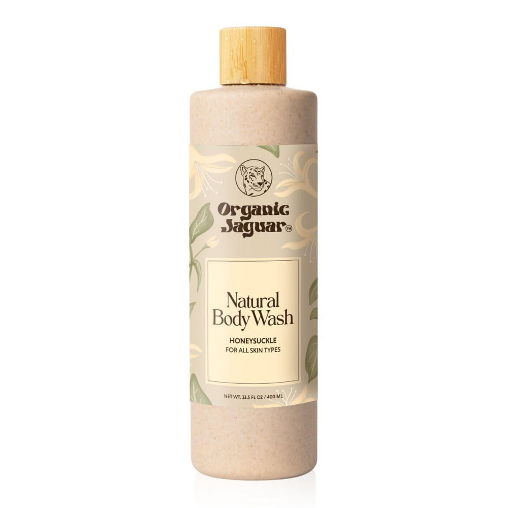 Organic Jaguar Honeysuckle Body Wash bottle shows unscented, hydrating daily cleanse.