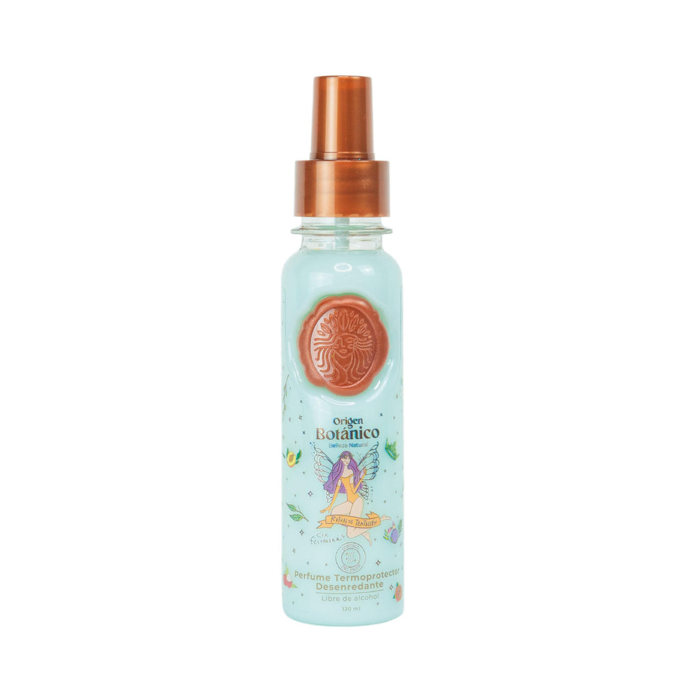 Origen Botánico termoprotector bottle in blue offering lightweight UV protection and frizz control.