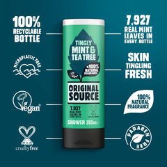Close-up of Original Source Tea Tree & Mint Shower Gel bottle with invigorating lather.