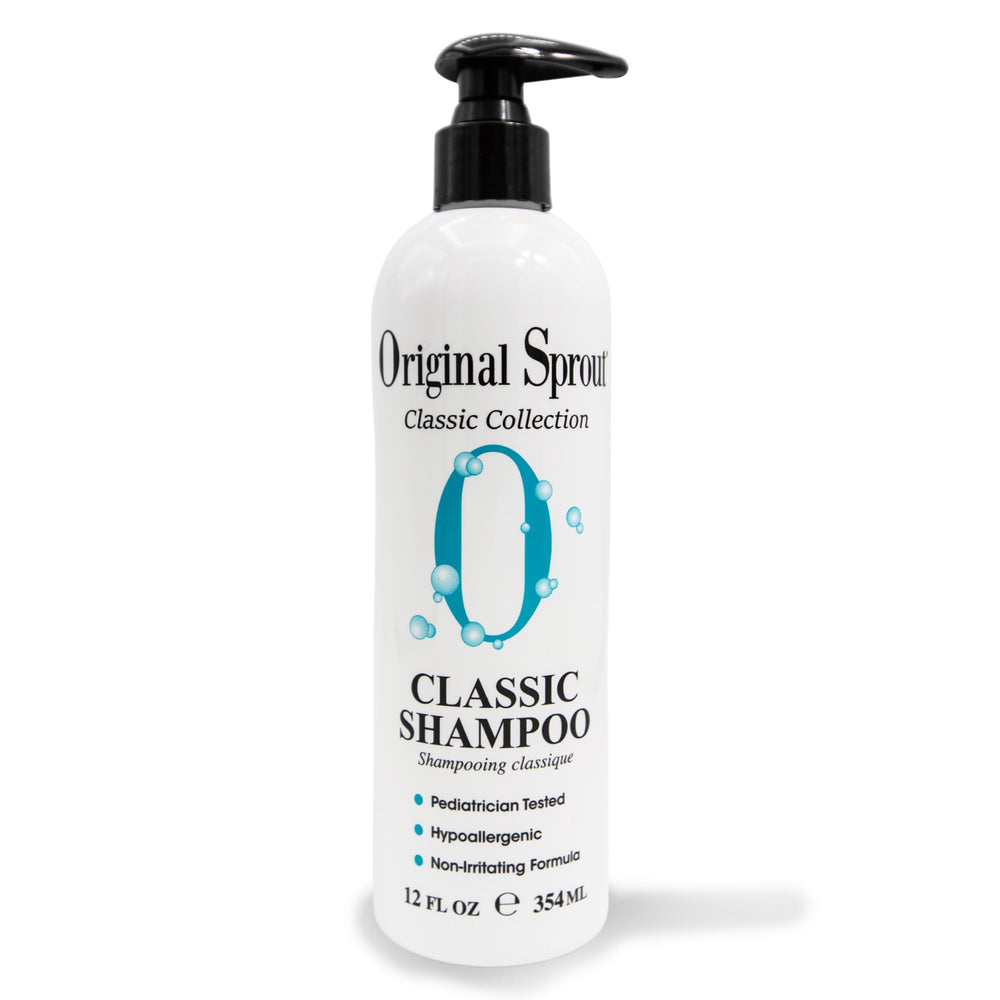 Original Sprout Classic Shampoo bottle front reveals the vegan formula for all hair types.