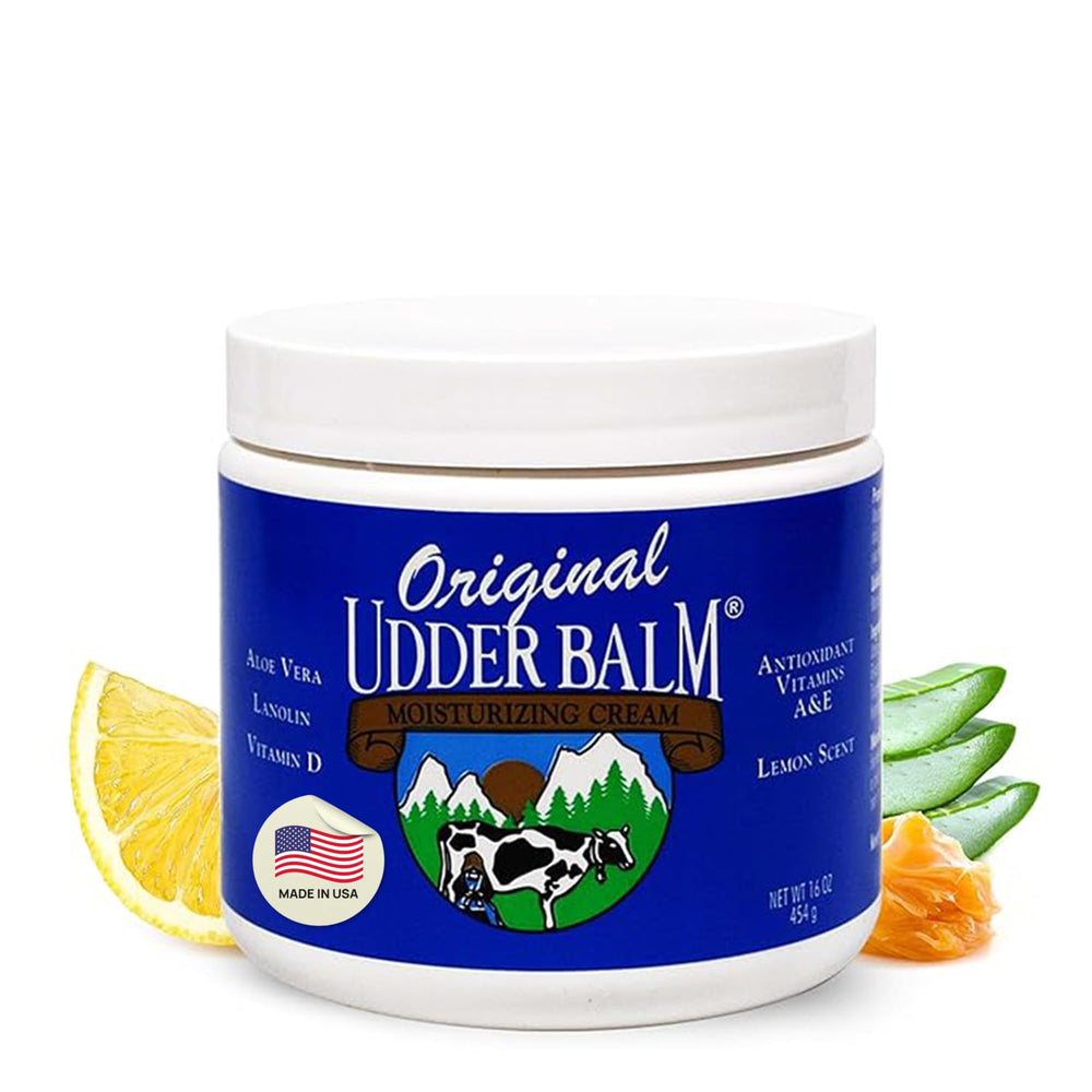 Original Udder Balm jar front view showing thick, hydrating formula for dry skin care.