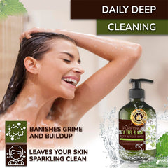 ORISO Tea Tree Mint Body Wash lather demonstrates rich foam ideal for thorough cleaning.
