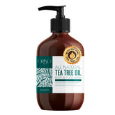 ORISO Tea Tree Oil Body Wash bottle being poured for a refreshing daily cleanse with aloe