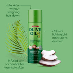 ORS Olive Oil Nourishing Sheen Spray close-up-ingredients shows natural oils boosting shine.