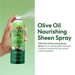 ORS Olive Oil Nourishing Sheen Spray ingredients highlight olive oil and coconut oil for moisture.