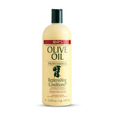 ORS Olive Oil Professional Replenishing Conditioner bottle shows moisture-rich formula for silky, glossy hair.