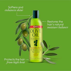 ORS Olive Oil Professional application shot showing smoothing lotion on hair.