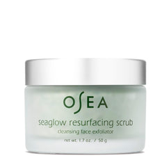 OSEA Seaglow Resurfacing Scrub jar shows creamy exfoliating texture for smooth skin.