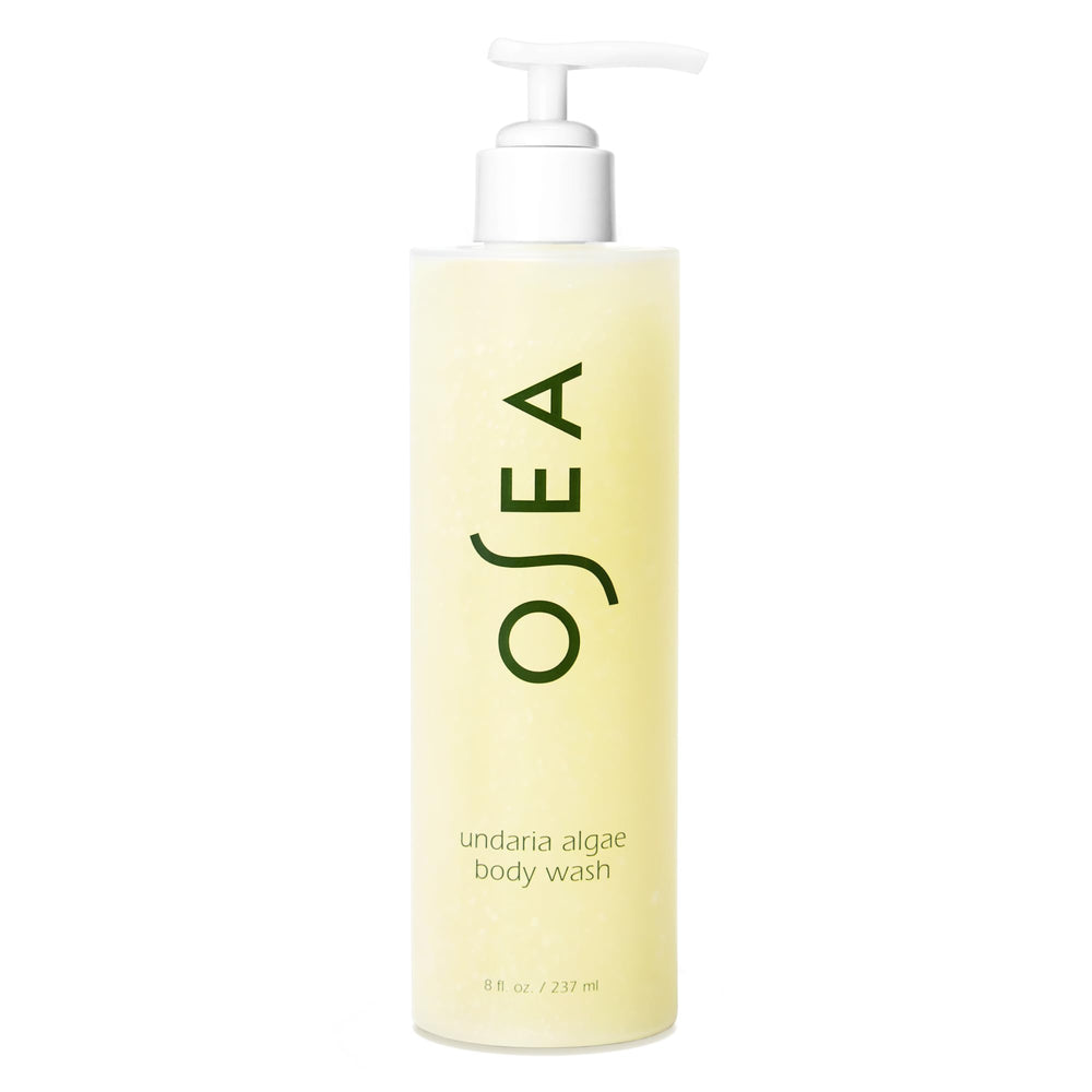 OSEA Undaria Algae Body Wash bottle front highlights hydrating, skin-softening formula.