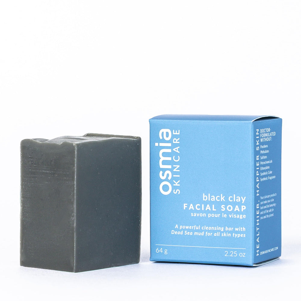 Osmia natural black clay facial soap bar front view for balanced skin cleansing