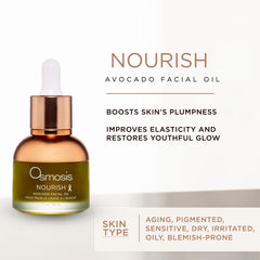 OSMOSIS Nourish Avocado Oil amber bottle closeup conveys premium packaging