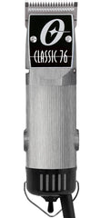 Oster Classic 76 hair clipper with brushed aluminum housing for professional-grade salon use.