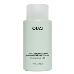 OUAI anti-dandruff shampoo bottle highlighting gentle scalp care