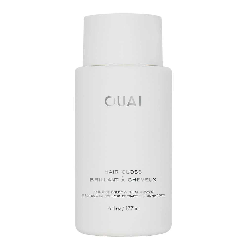 OUAI Hair Gloss bottle close-up showing in-shower shine-boosting treatment.