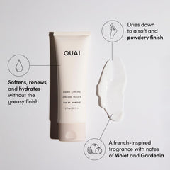 OUAI Hand Cream texture closeup reveals creamy balm for smooth hydration without greasiness