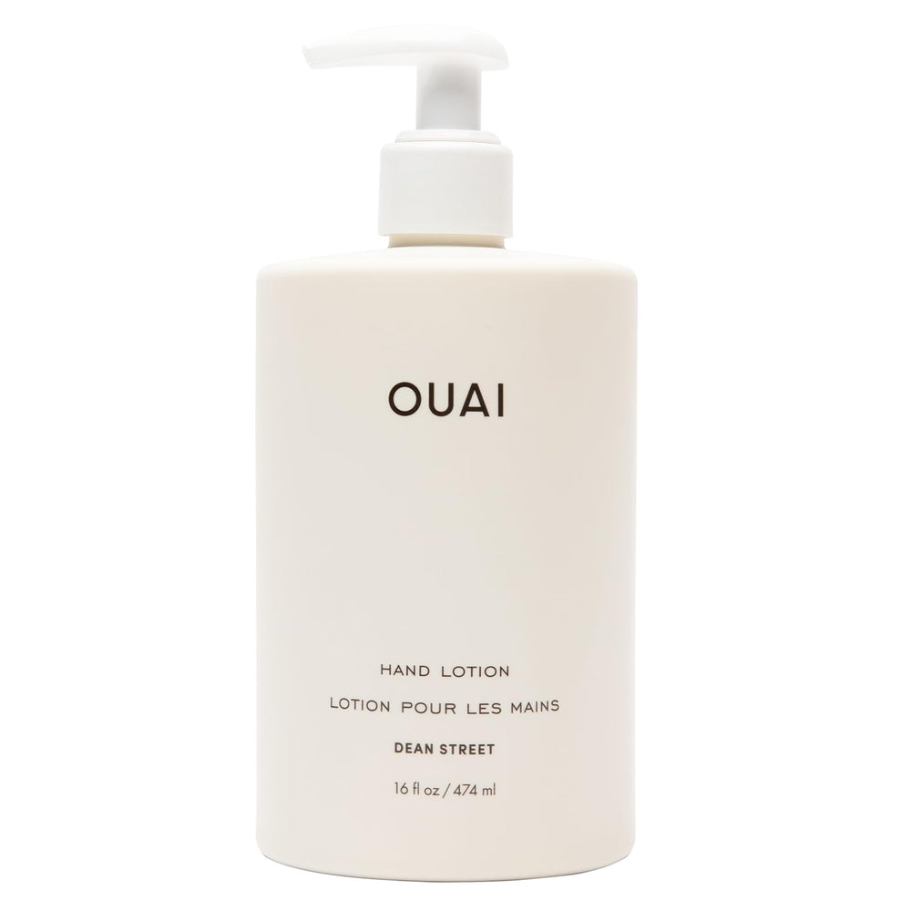 OUAI hand lotion with Dean Street scent and pump for quick hydration.