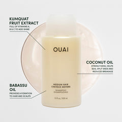 OUAI Medium Shampoo Travel Size keratin kumquat coconut oil ingredients highlighted.