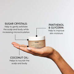 OUAI Scrub texture with sugar crystals for gentle scalp and body exfoliation.