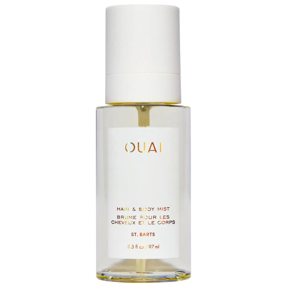 OUAI St. Barts hair and body mist bottle close-up showcasing tropical scent