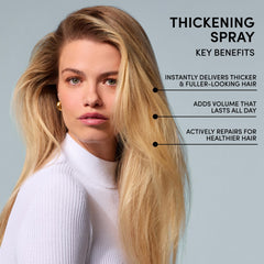 OUAI Thickening Spray root-volume boost demonstrates lift from roots for thicker-looking hair.